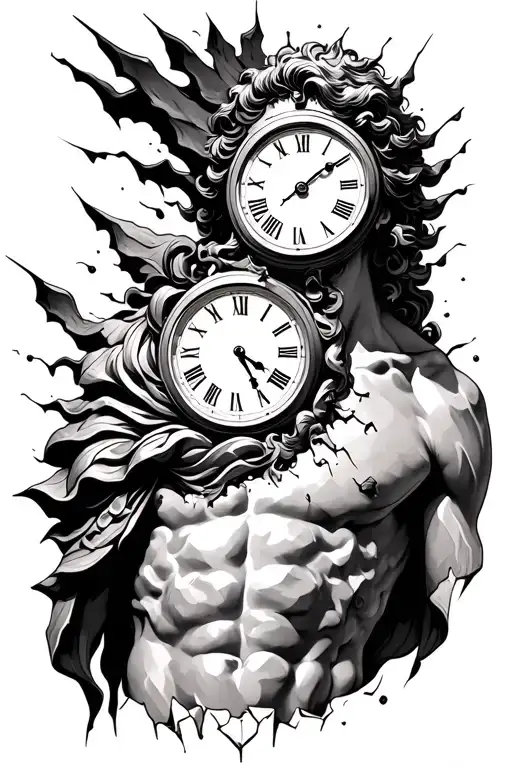 Greek god with a clock carved into his chest, cracks spreading as time spills out tattoo design idea