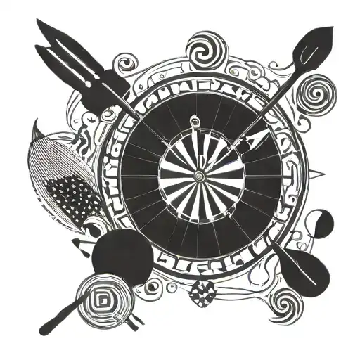 A dartboard surrounded by various kitchen utensils, symbolizing your love for darts and cooking tattoo design idea