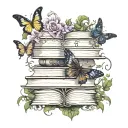 stack of open books surrounded by dragon moon   butterflies, vines and flowers swirling around in dark jewel tone colors tattoo design idea