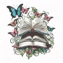 stack of open books surrounded by dragon moon   butterflies, vines and flowers swirling around in dark jewel tone colors tattoo design idea