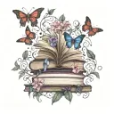 stack of open books surrounded by dragon moon   butterflies, vines and flowers swirling around in dark jewel tone colors tattoo design idea