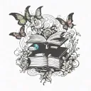 stack of open books surrounded by dragon moon   butterflies, vines and flowers swirling around in dark jewel tone colors tattoo design idea