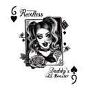 "reckless  daddy's lil monster" harley quinn symbol incorporating elements like her tattoos & other symbols diamond rose heart playing card diamond  tattoo design idea