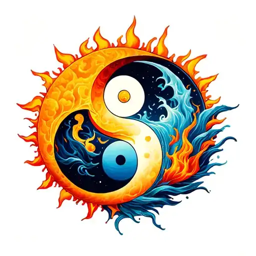 sun, moon, fire, water in a yin yang symbol tattoo design idea