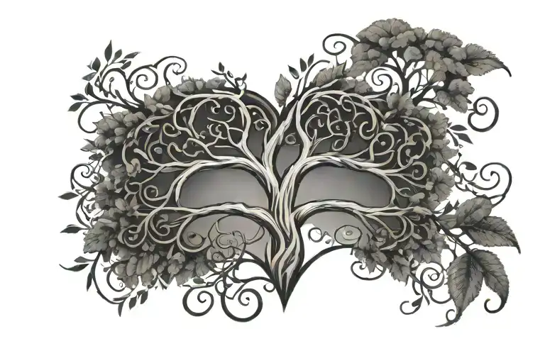 A black-themed tattoo featuring a bold **Tree of Life** with strong roots, an **infinity loop** or **heart** for love tattoo design idea