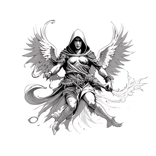 hooded angel warriors fighting demons tattoo design idea