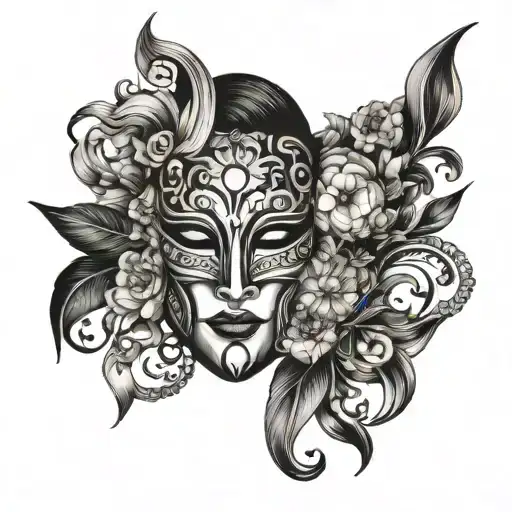 A tattoo design featuring a dramatic opera mask intertwined with intricate quilt patterns tattoo design idea