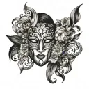A tattoo design featuring a dramatic opera mask intertwined with intricate quilt patterns tattoo design idea