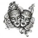 A tattoo design featuring a dramatic opera mask intertwined with intricate quilt patterns tattoo design idea