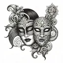 A tattoo design featuring a dramatic opera mask intertwined with intricate quilt patterns tattoo design idea