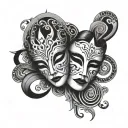 A tattoo design featuring a dramatic opera mask intertwined with intricate quilt patterns tattoo design idea