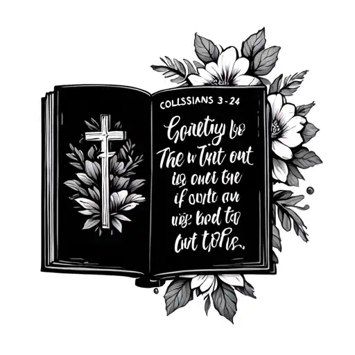 a book with a Colossians 3:23-24 with a cross and flowers for a man tattoo design idea