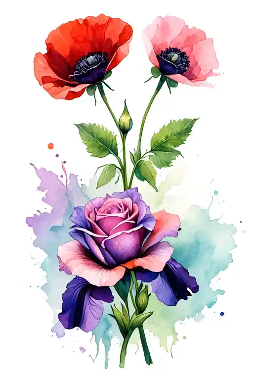 red poppy at top, with a pink rose below and a purple iris at the bottom  tattoo design idea
