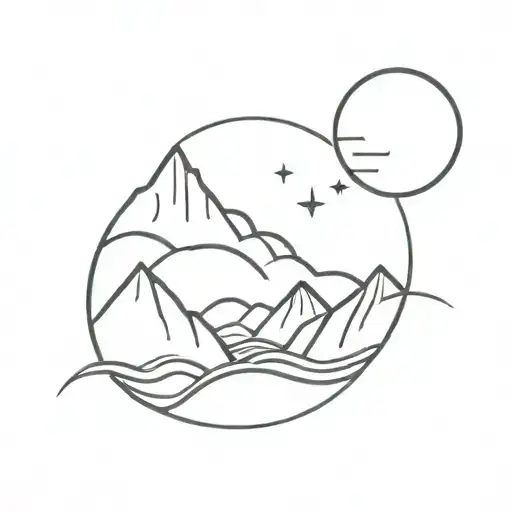waves at the bottom of mountains with the moon and sun above tattoo design idea