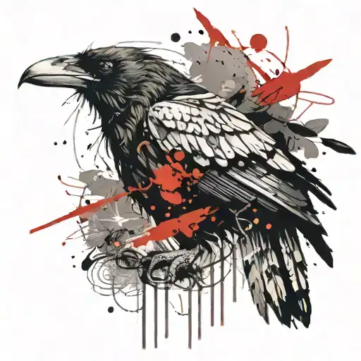 a 3-eyed raven facing forward, dissipating into smoke, and slightly incorporated swords. tattoo design idea