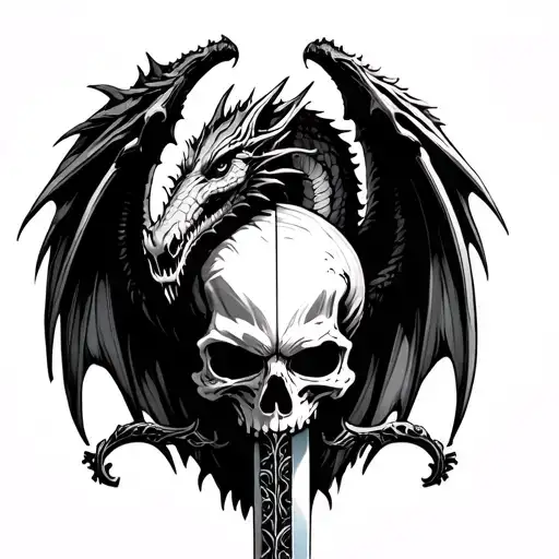 skull with dragon wings and sword behind from top of the skull, in black and white, gothic  tattoo design idea