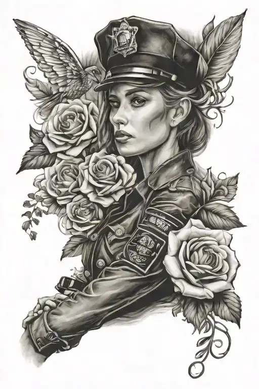 create an awe inspiring creative sleeve tattoo for a woman memorializing her husbands death who was a police officer tattoo design idea