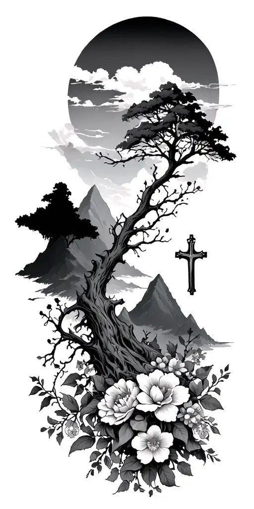 trees, flowers, crosses, mountains, crown of thrown vines  tattoo design idea