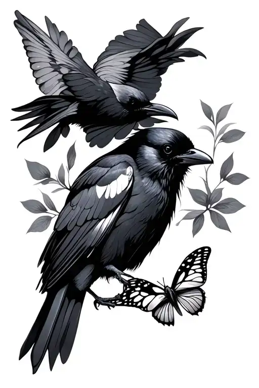 crow and butterfly flying together tattoo design idea