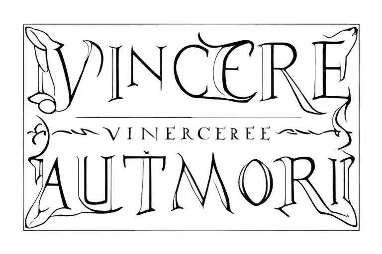 "vincere aut mori" text being written by gothic style font. The tattoo should be improved by some roman details black  tattoo design idea