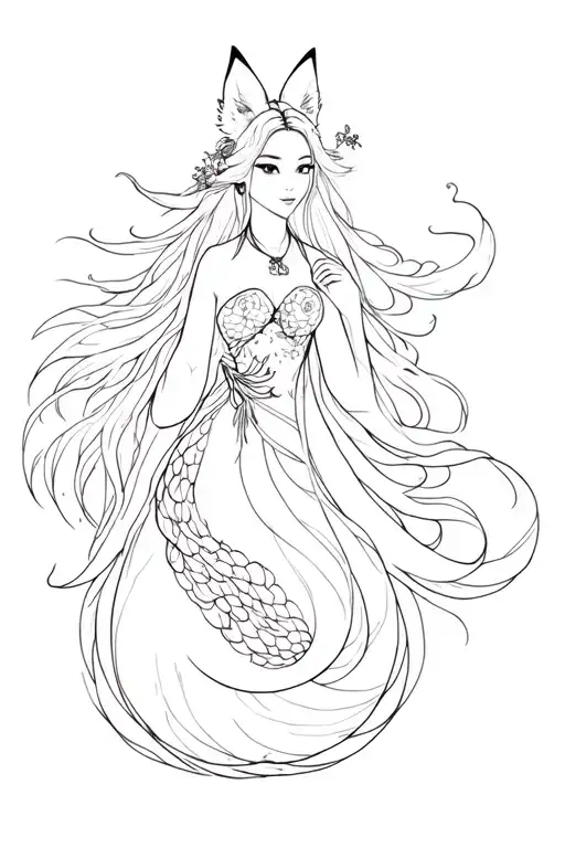 a joseon princess, a red nine tailed fox, a mermaid, a black nine tailed fox tattoo design idea