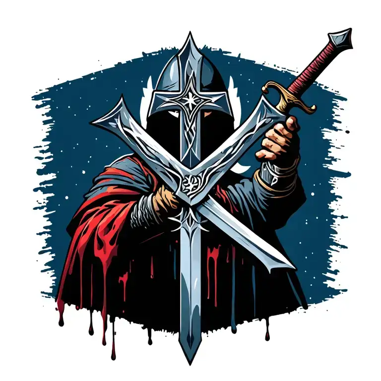 warrior, Christian cross, sword, christian dark knight,blood, bible verse,colorful, martial,christian cross nordic style tattoo design idea