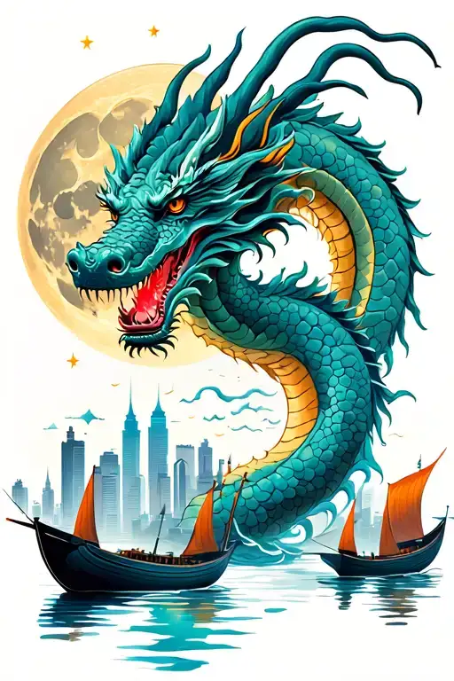 Singaporean style with a dragon intertwined into the city skyline and long boats in the front and moon and stars  tattoo design idea