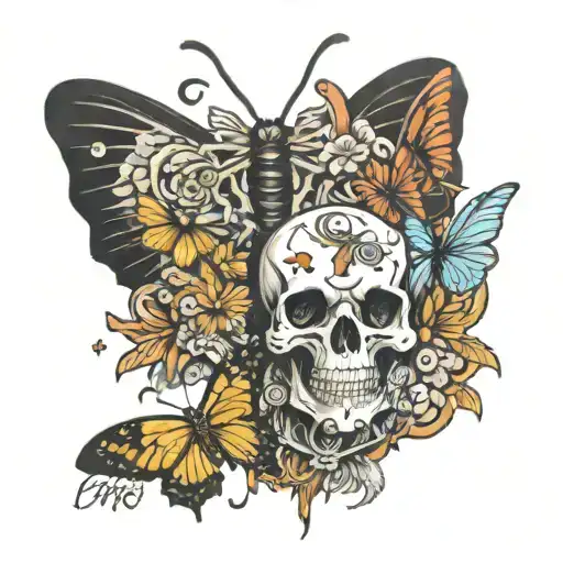 death before dishonor in japanese, surround by butterflies that are half dead and half alive tattoo design idea