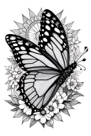 a butterfly surrounded by fine-line elements, including sun rays, a mandala, Flowers and géométric shapes tattoo design idea