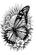 a butterfly surrounded by fine-line elements, including sun rays, a mandala, Flowers and géométric shapes tattoo design idea