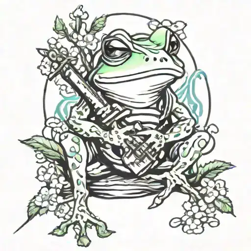 frog with sword and cherry blossom trees tattoo design idea