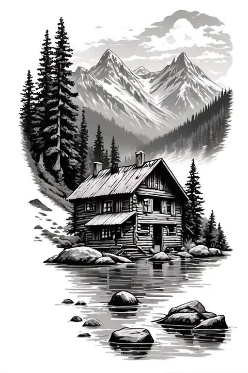 mountain camping cabin and river  tattoo design idea