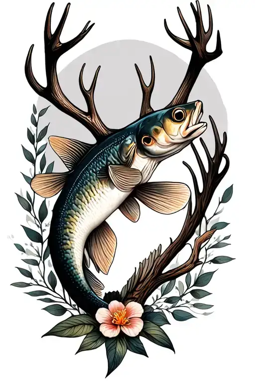 fish and deer antlers tattoo design idea