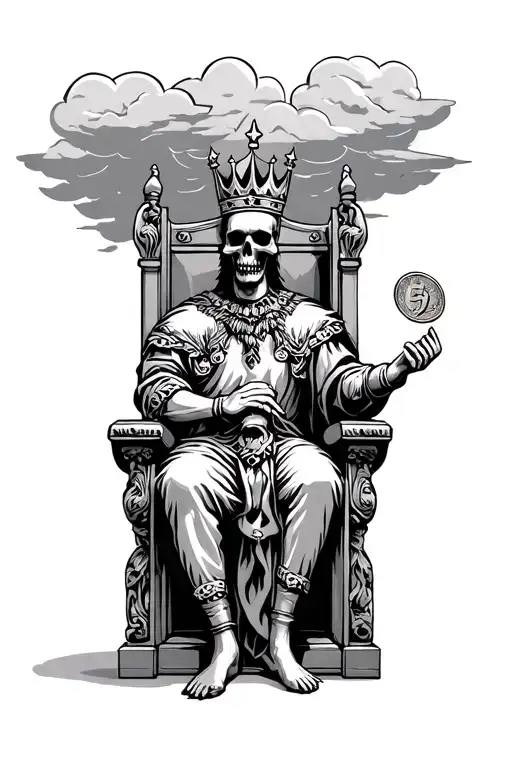 king with a skull as face sitting in a throne flipping a coin with clouds on the background tattoo design idea
