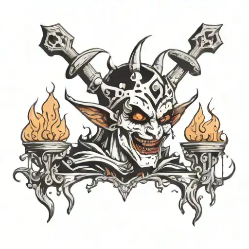 a jester dripping blood surrounded by flames fire and crosses tattoo design idea