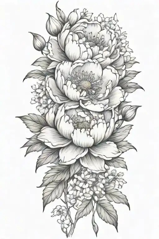 peony, daisy, lotus, myosotis, simple, spaced tattoo design idea