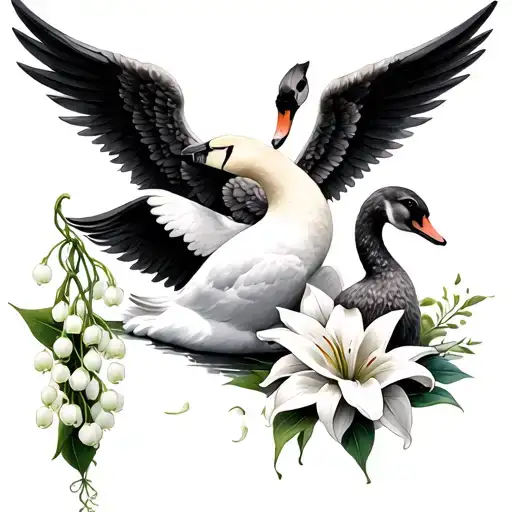swans and angel wings and bunny and lily of the valley tattoo design idea