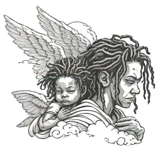 Boy angel with dreads holding baby angel looking at him in the clouds tattoo design idea