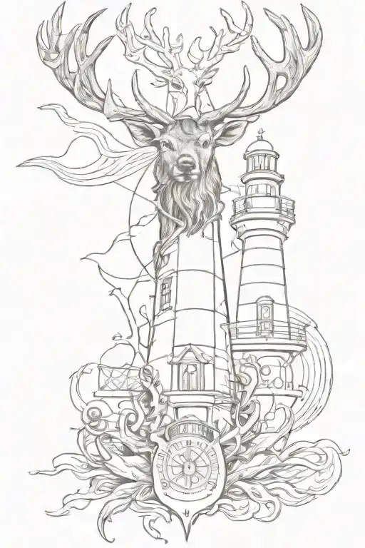 stag head, lighthouse and anchor intertwined tattoo design idea