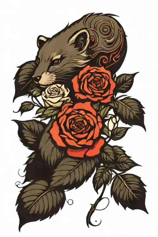 mink, roses, leaves intertwined tattoo design idea