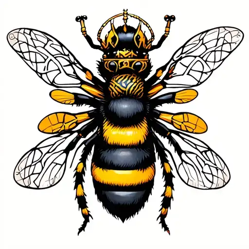 celtic male crown over yellow and black bee with a crown with a celtic love knot symbol between the bee and the crown tattoo design idea