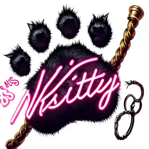 Realistic cat paw print with pink neon light letters underneath it that say " Miss Kitty" with a whip around all of it tattoo design idea