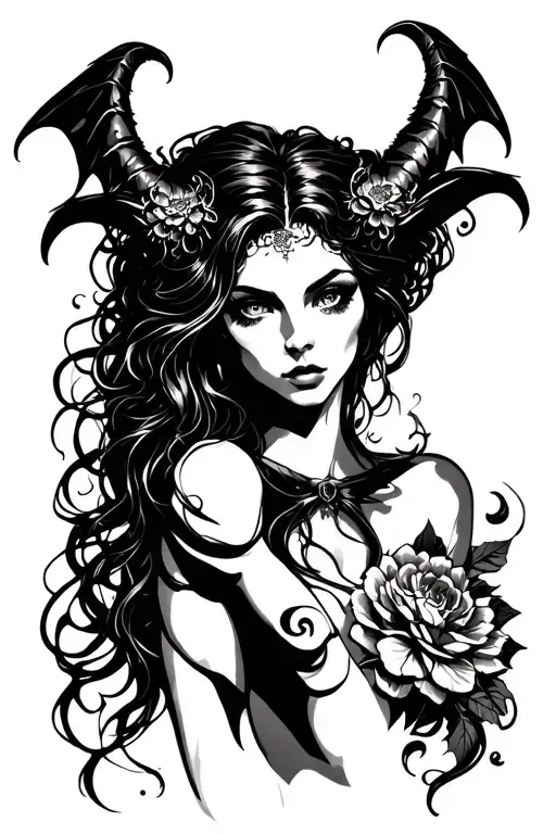 Tattoo design featuring a succubus.Transparent background.From the neck up.Color black only. tattoo design idea