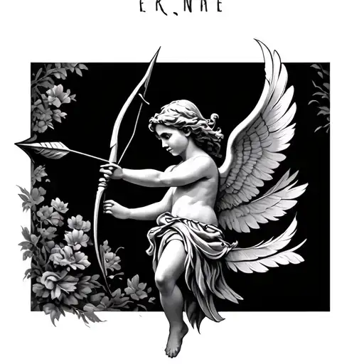 cupid shooting arrow with feathers tattoo design idea