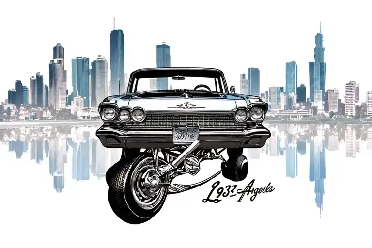 the date 1995 across Stomach WTH Los Angeles skyline and 1963 imalpa lowrider under the 1995 date tattoo design idea