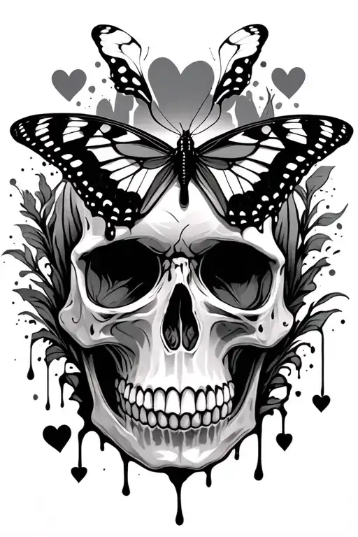 butterflies, blood, skull, hearts tattoo design idea