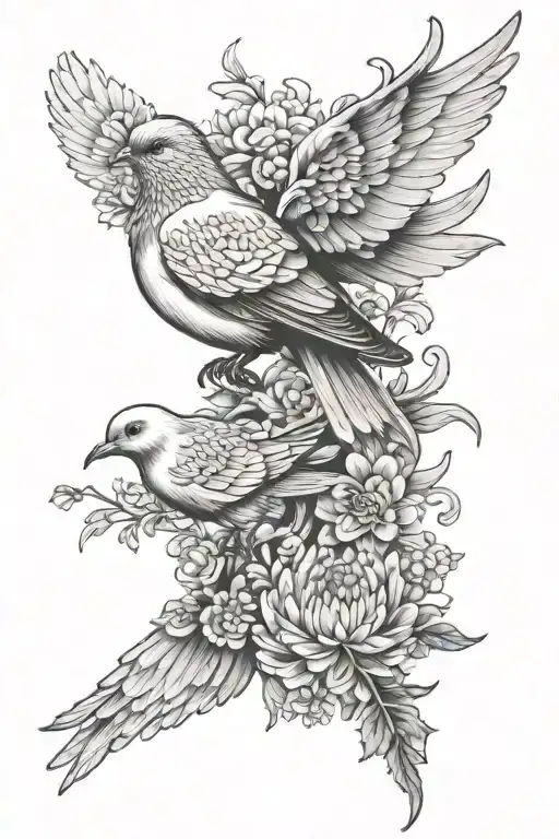chrysanthemum and aster flowers with dove and dear head tattoo design idea