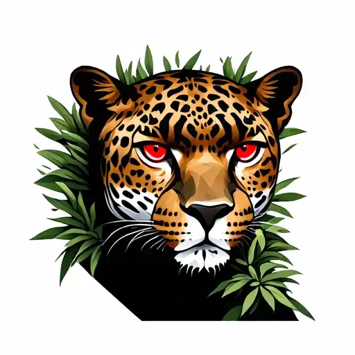 Jaguar face with red eyes coming out of bushes  tattoo design idea