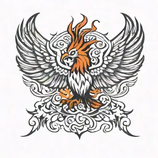 Phoenix from the front with wings spread wide and flames in tribal style tattoo design idea