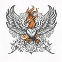 Phoenix from the front with wings spread wide and flames in tribal style tattoo design idea